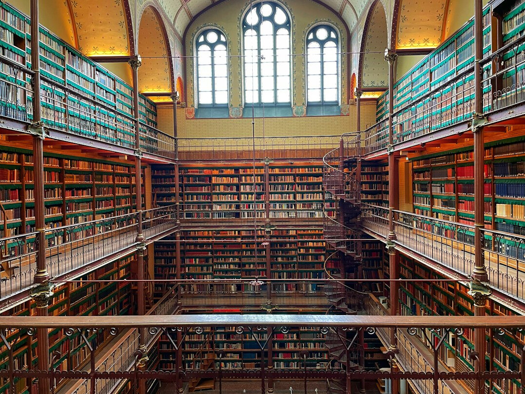 Old library with tall bookshelves
