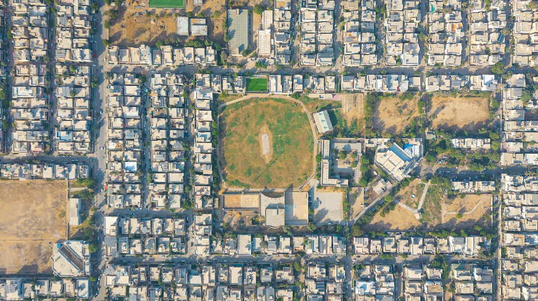 Aerial view of a city street grid